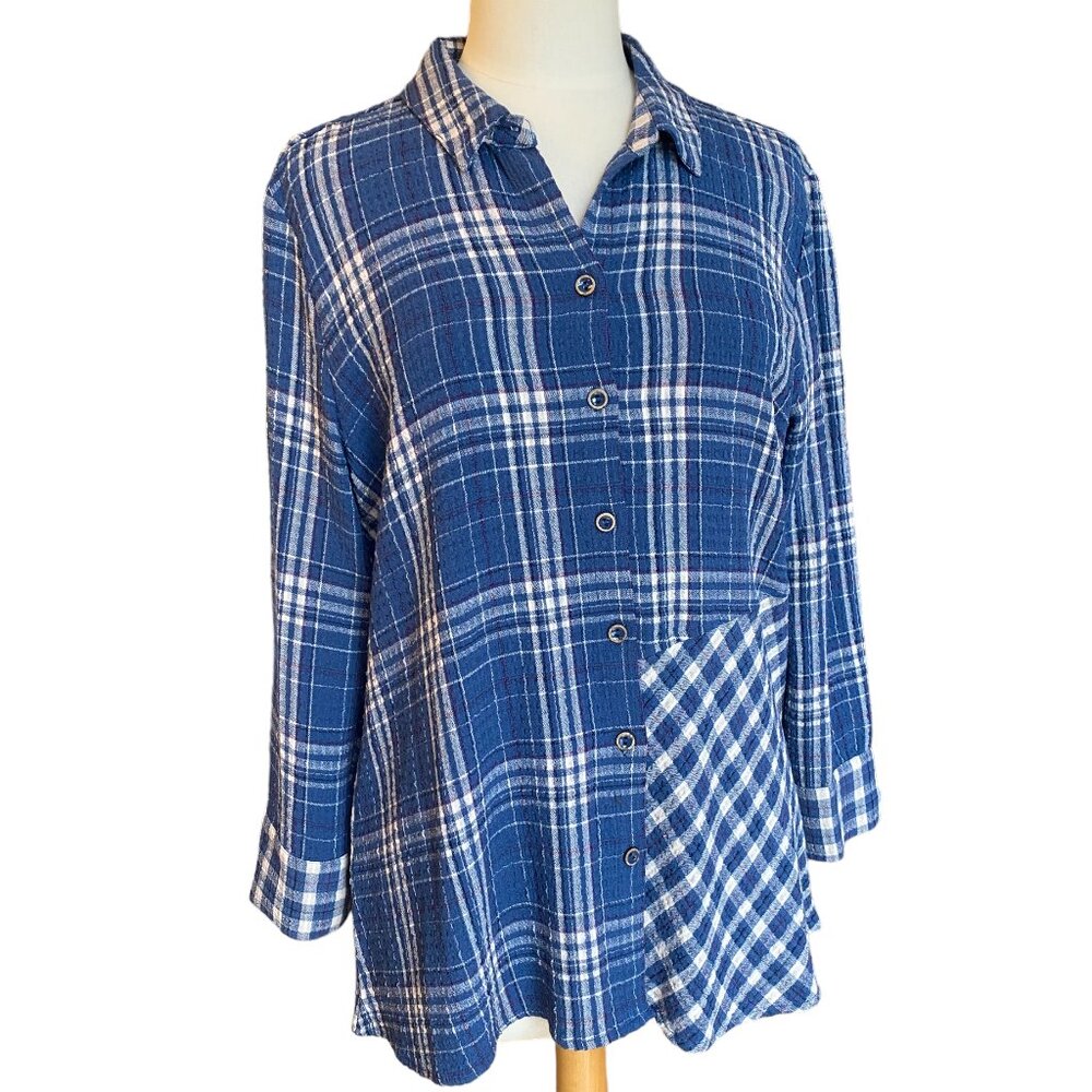 Habitat Blue Plaid Patchwork Button Down Shirt Lagenlook Coastal Cowgirl Artsy-S